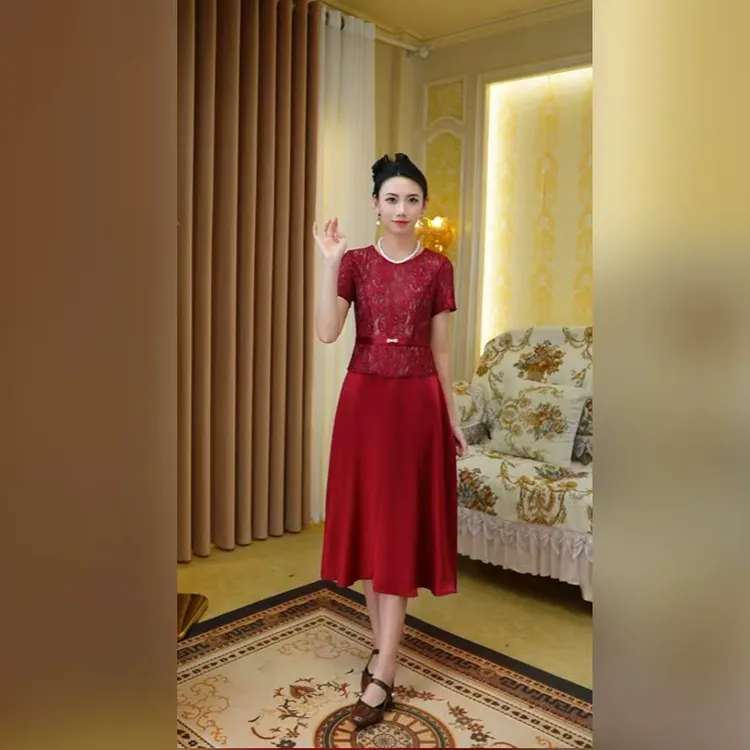 喜婆婆婚宴礼服蕾丝中国风酒红色连衣裙夏季新款婚庆裙子洋气