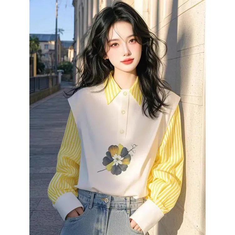 韩版设计感黄色条纹拼接印花POLO领衬衫女高级感轻奢减龄洋气