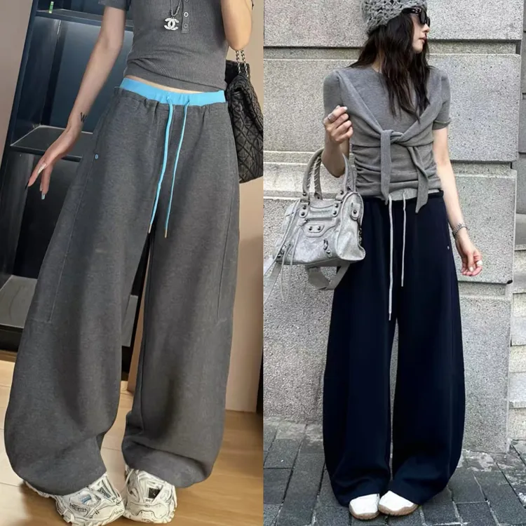 高货版 十三行欧货撞色腰头拼接立体剪裁设计弯刀阔腿裤｜一裤俩穿