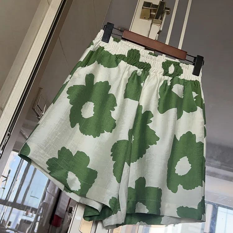 竹节麻阔腿裤短裤裤子薄款印花百搭高腰运动夏装休闲时尚