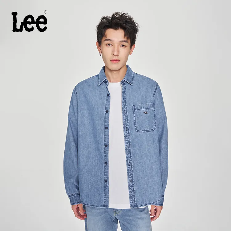 Lee25新品琥珀流光标准版翻领小Logo长袖男士牛仔休闲衬衫