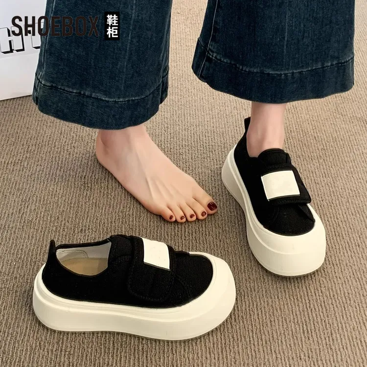 SHOEBOX鞋柜厚底帆布鞋女款2025新款秋季黑色百搭一脚蹬板鞋女