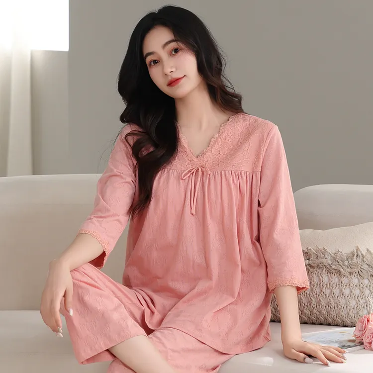 睡衣女款爆款2025新款夏季七分袖长裤套装春秋纯棉女士外穿家居服