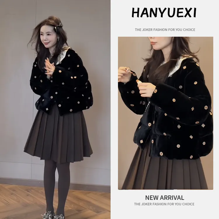 入冬穿搭一整套女装2025新款韩版减龄宽松棉服外套百褶裙两件套潮