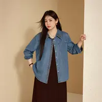 【港风复古】纤莉秀W大码女装流光风百搭时髦翻领牛仔衬衫QK3476