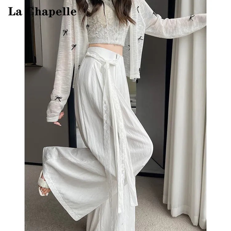 La Chapelle/拉夏贝尔蕾丝系带阔腿裤女2025夏季新款垂感拖地裤裙