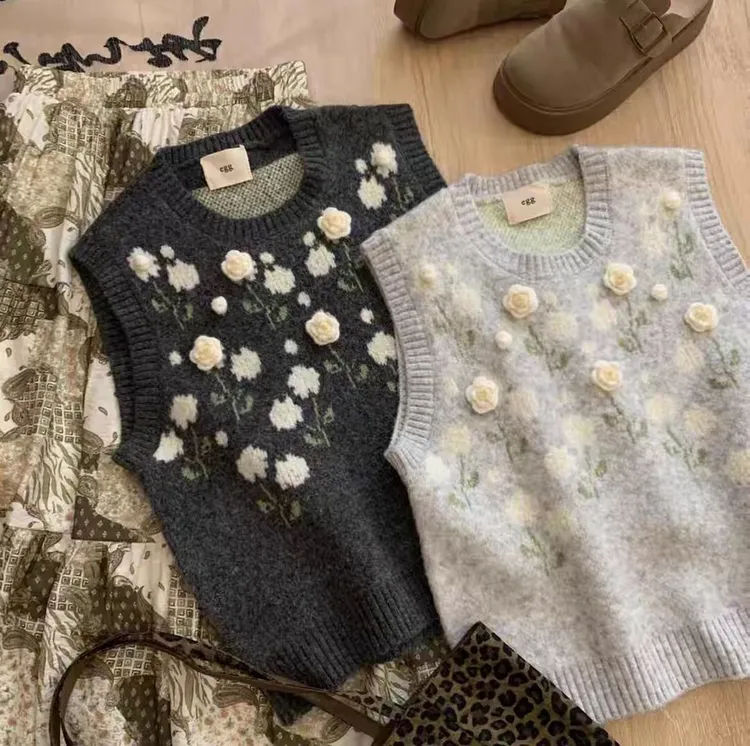 网红秋冬圆领毛针织衫马甲百搭时尚慵懒风冬季厚款毛衣花朵提花