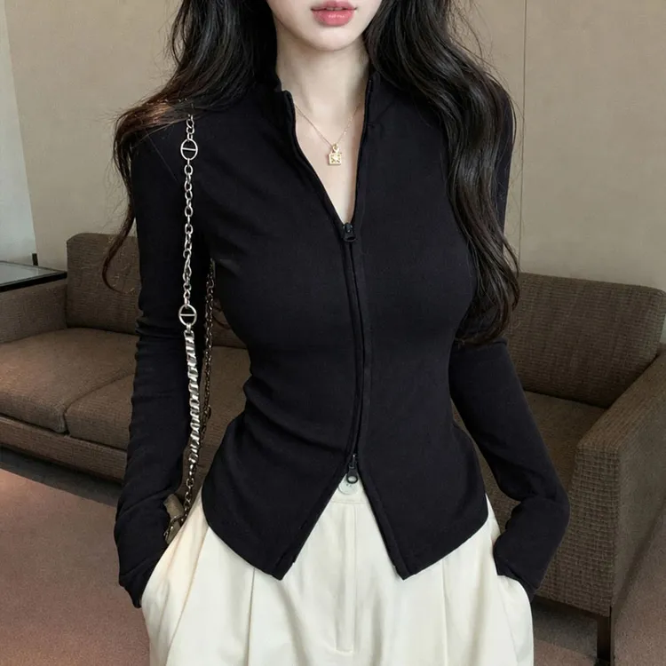 黑色半高领双拉链高级感开衫T恤女修身显瘦秋季运动风长袖上衣ins商品图