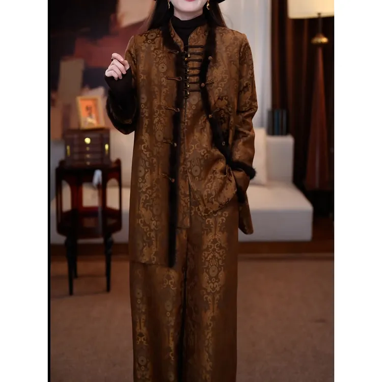 高级时尚裤套装2025秋季新款新中式复古国风印花外套+马甲+裤子