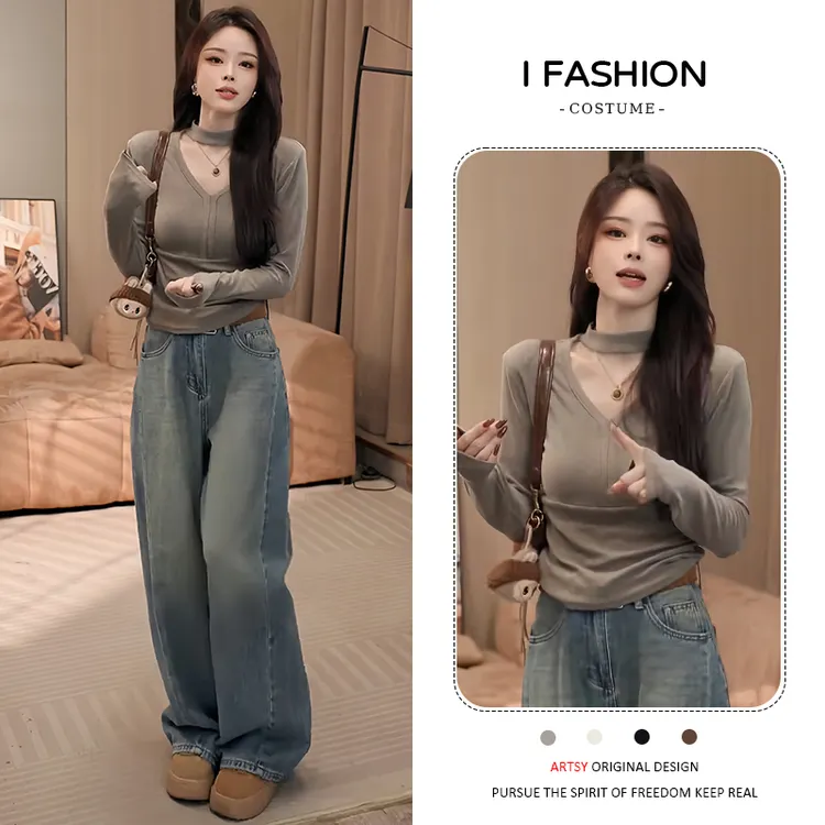 高含棉轻熟时尚洋气v领长袖t恤女2026年春秋新款减龄气质打底上衣