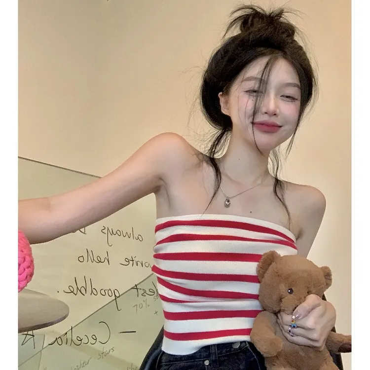 纯欲风性感条纹抹胸外穿小吊带背心女热辣妹独特别致绝美短款上衣