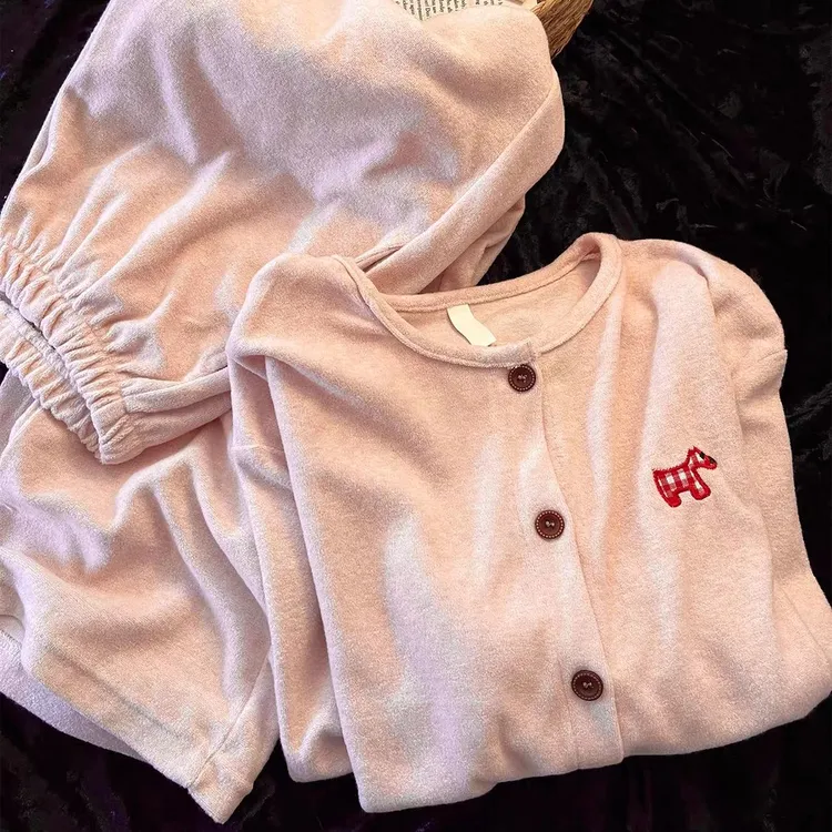 韩系粉糯叽叽可爱小狗德绒睡衣女秋冬季加厚保暖家居服套装可外穿