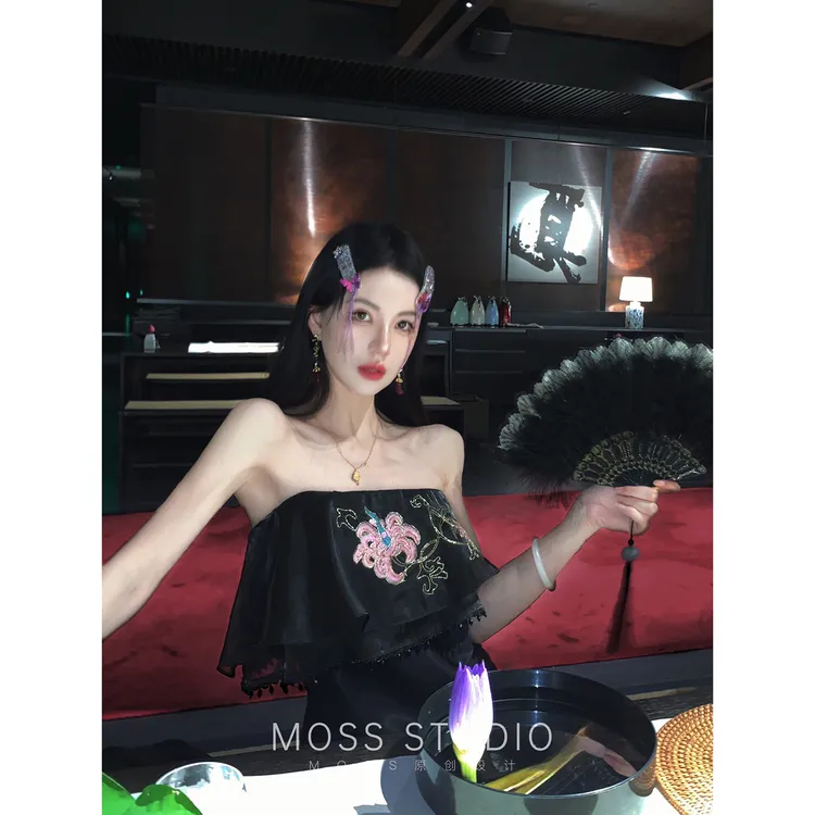 MOSS STUDIO 【唐宫夜宴】新中式定制刺绣流苏抹胸吊带连衣裙女