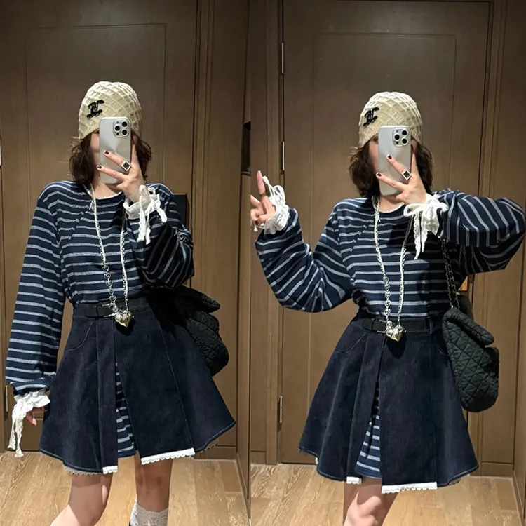 【首尔周末】早秋新款条纹拼接假两件设计连衣裙收腰短裙女
