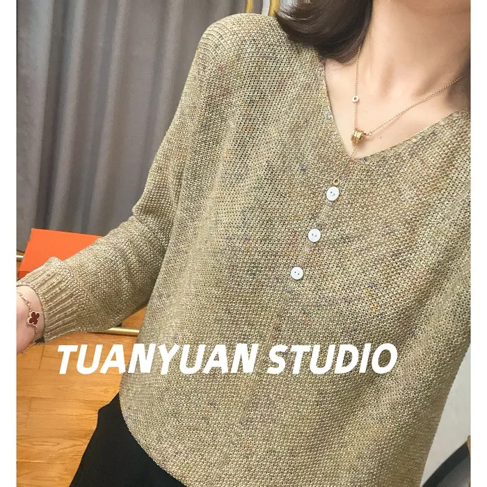 长袖】设计感上衣潮新款V领秋季针织T恤女时尚百搭宽松显瘦