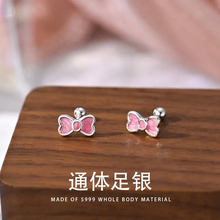 足银耳饰 甜心系列S999银蝴蝶结耳钉女韩版小清新气质耳骨钉节日