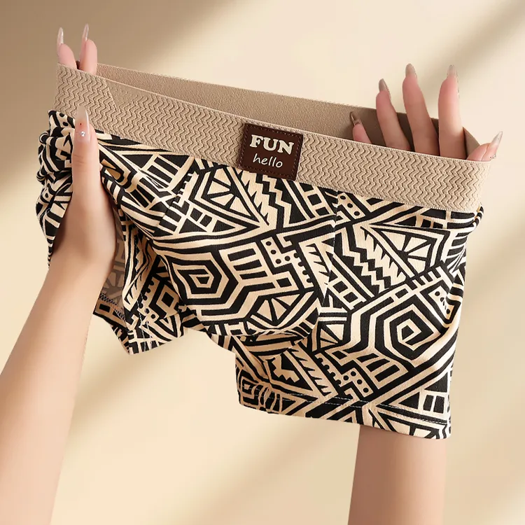 新款几何复古男士内裤潮流时尚青年平角棉感舒适透气内裤男款四角