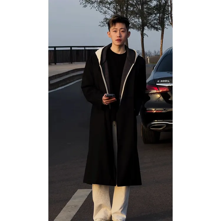 FANGWANG极简无扣垫肩中长款cleanfit黑色毛呢大衣秋冬季设计感