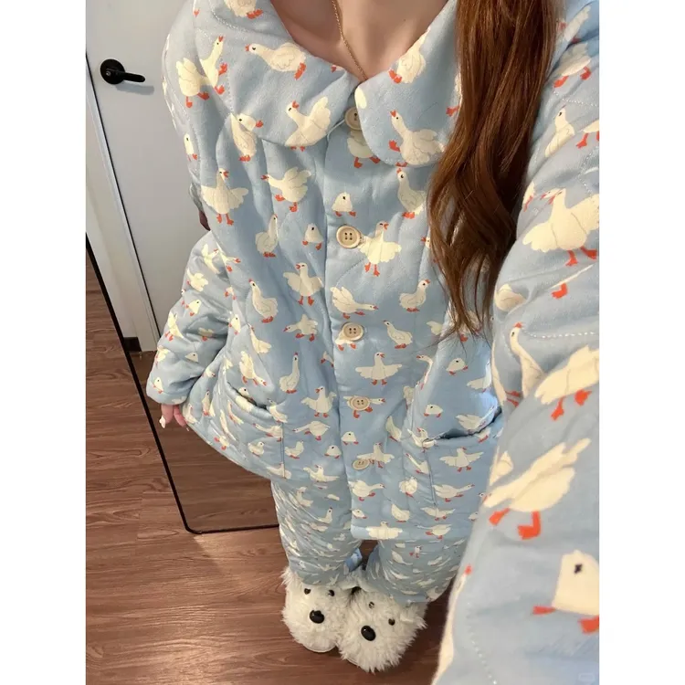 甜美可爱大白鹅三层夹棉睡衣女秋冬新款加厚外套家居服套装可外穿