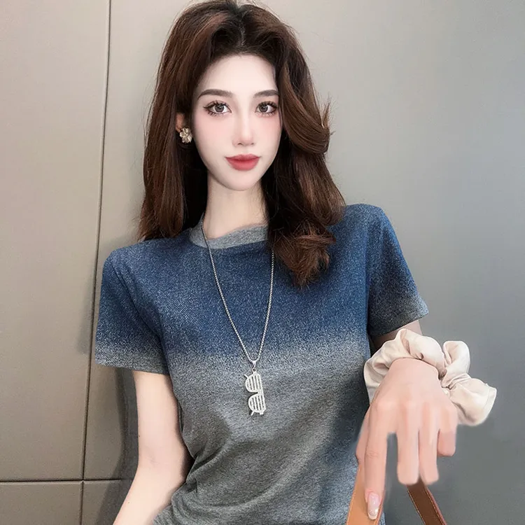 渐变短袖打底欧货灰色T恤女夏季2025年新款休闲百搭时尚chic上衣