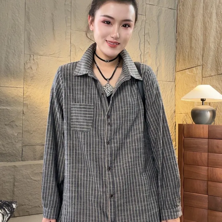 素格【996】显瘦新款文艺宽松休闲百搭时尚条纹长袖衬衫上衣女