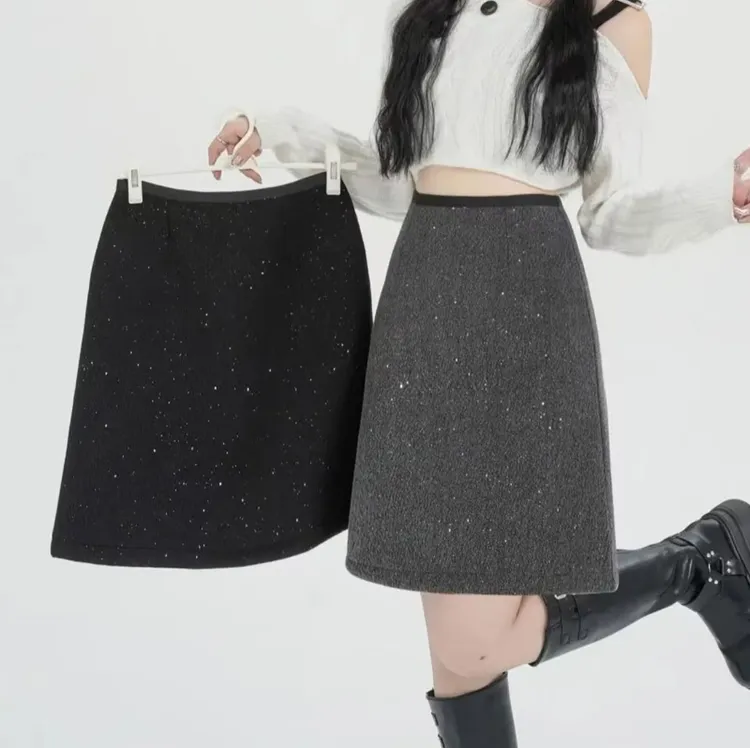 星空半身裙大码小香风高级亮片毛呢中裙a新年高腰显瘦A字包臀短裙