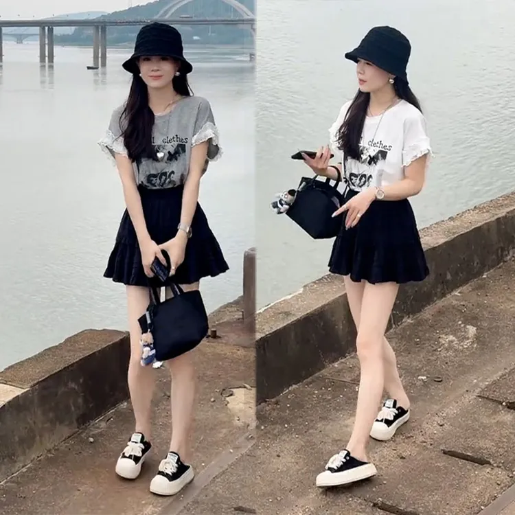 夏日穿搭一整套女装2025超火印花蕾丝设计感短袖显瘦半身裙两件套