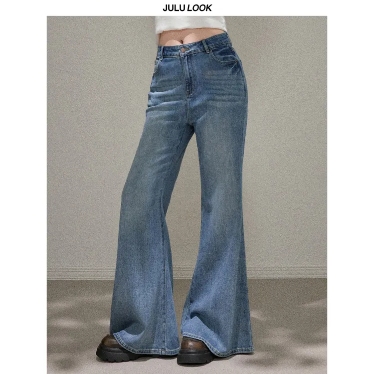 巨鹿工作室“慵懒牛仔”微胖mm包臀复古深蓝水洗微喇裤大码牛仔裤