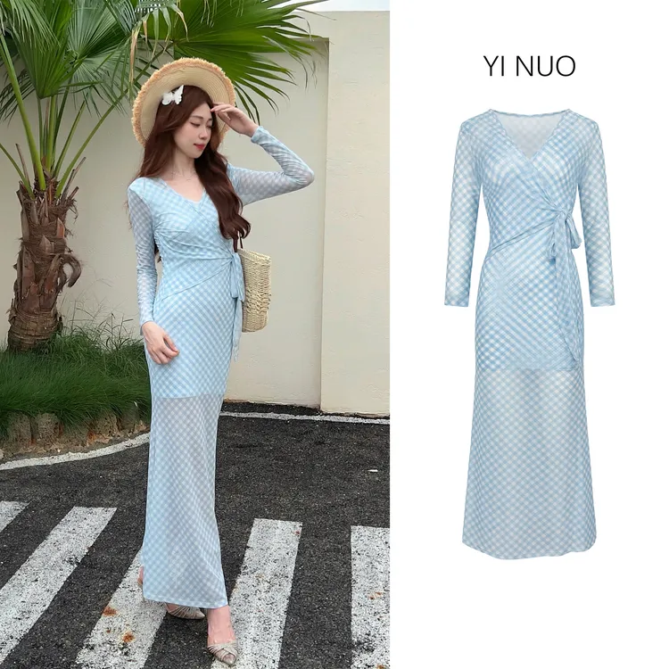 新款气质百搭小众设计感长袖网纱连衣裙