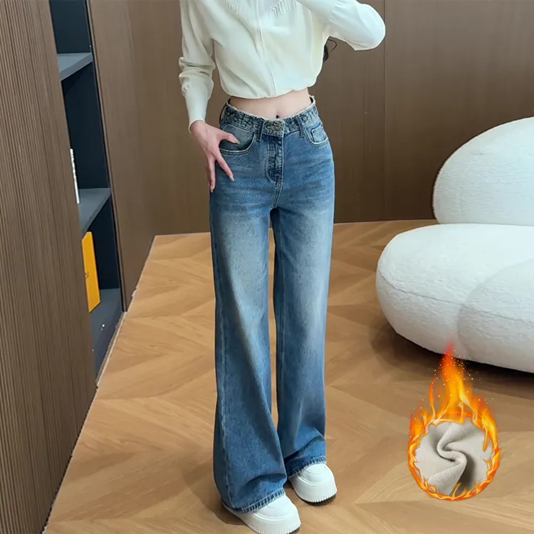 时尚磨白烫钻阔腿蓝色牛仔裤女冬季加绒大码胖mm显瘦巨好看直筒裤