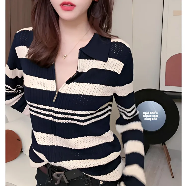 2026秋冬新款复古撞色条纹针织衫女气质感百搭显瘦开衫上衣G5-12