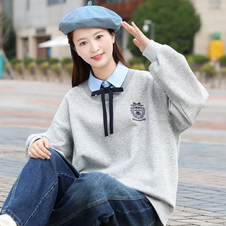 【初中生】卫衣女加绒假两件学院风甜美高中学生大童上衣校园风冬季