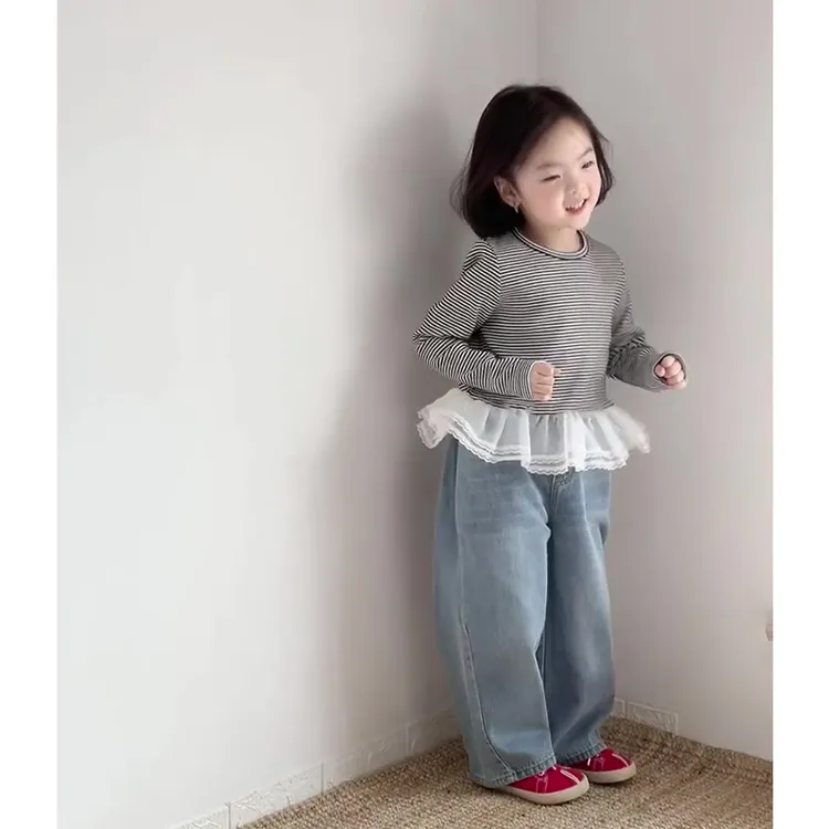 【现货】壹妈童装2025秋季新款洋气时髦女童套装灰色长袖牛仔休闲裤