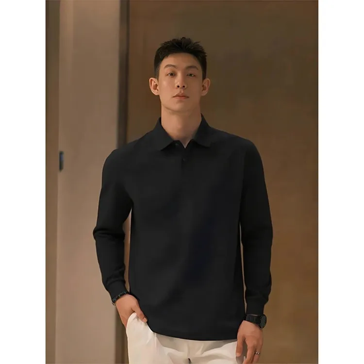 老钱风穿搭男式痞帅风polo衫秋季翻领长袖T恤黑色卫衣内搭打底衫