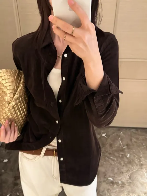 女士外贸美式经典刺绣藏蓝深棕米白复古纯棉舒适挺阔灯芯绒衬衫