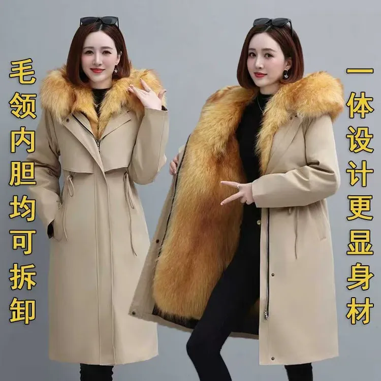 冬季棉衣加绒加厚女派克服可拆卸大毛领皮毛一体仿貂连帽保暖外套