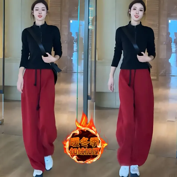 时尚套装女秋冬季新款半拉链T恤打底上衣休闲加绒阔腿裤子两件套
