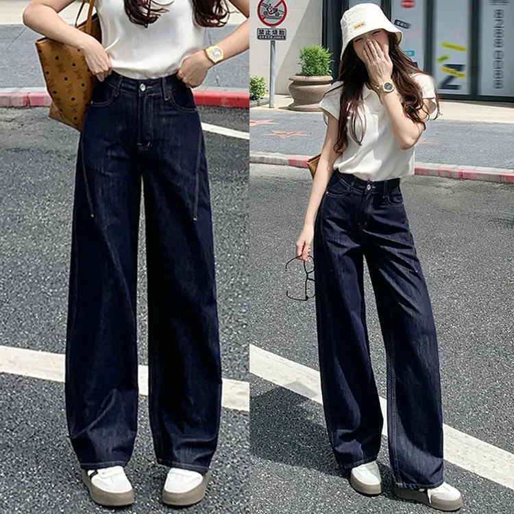 丹宁蓝弯刀牛仔裤女2025年新款高腰宽松长裤春秋季设计感阔腿裤子