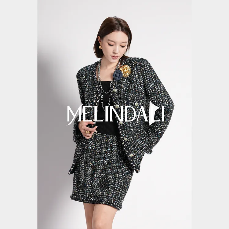 Melinda Li【财阀藏青】贵气感亮丝粗花呢秋冬小香风外套半裙套装