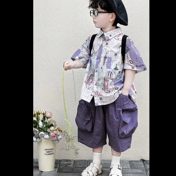 男童夏季帅气衬衫套装新款男孩洋气洋气短袖衬衫短裤两件套潮 FY