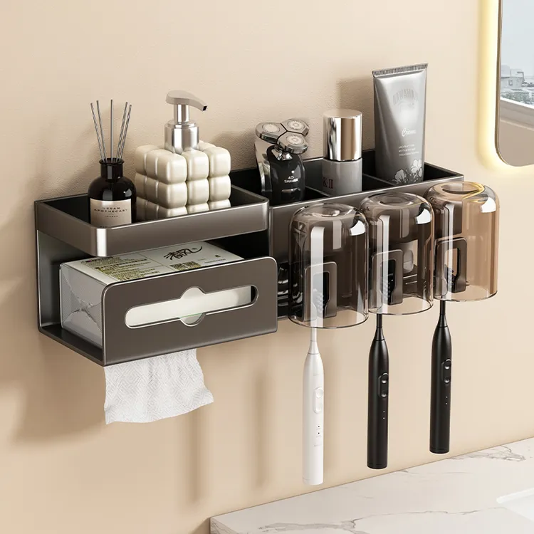 牙刷纸巾盒置物架卫生间免打孔漱口杯收纳壁挂牙刷架湿巾储物