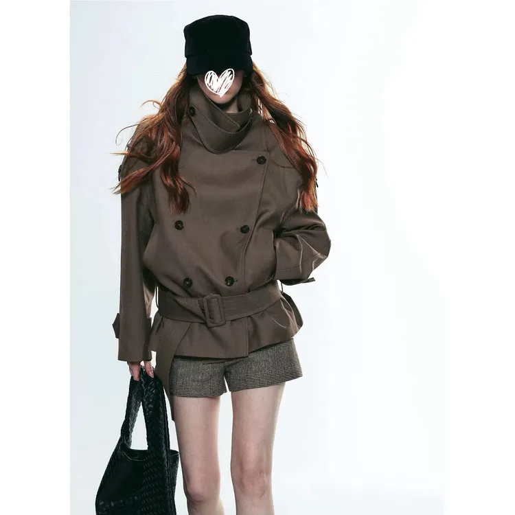 法式复古大立领宽肩短款双排扣系腰风衣外套女1627