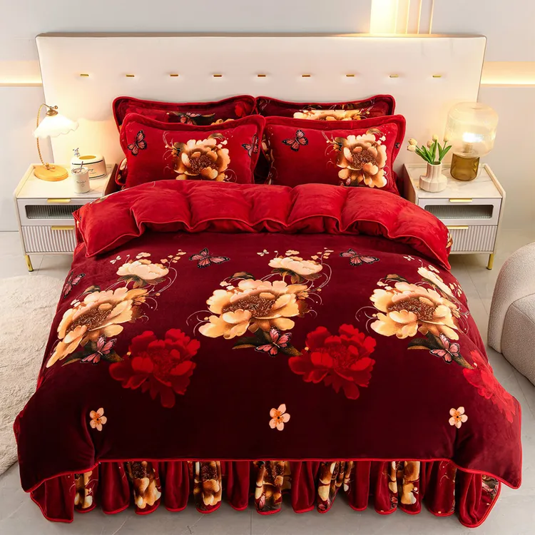 新款牛奶绒四件套床裙款秋冬季加绒被套双面绒加厚保暖床上用品