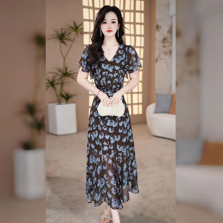 【千羽定制】法式印花连衣裙2025夏季减龄复古收腰显瘦茶歇碎花裙子