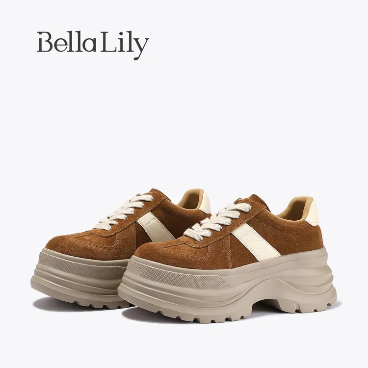 BellaLily2025秋季新款复古风厚底鞋增高显瘦休闲鞋牛皮德训鞋女