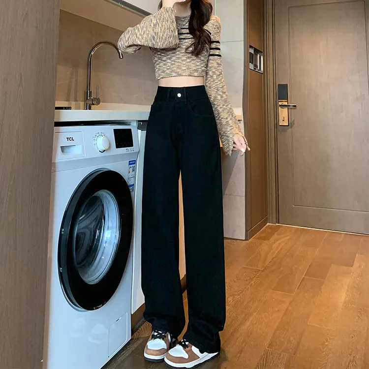 黑色窄版阔腿牛仔裤女春装裤子胖MM显瘦直筒拖地裤胖妹妹