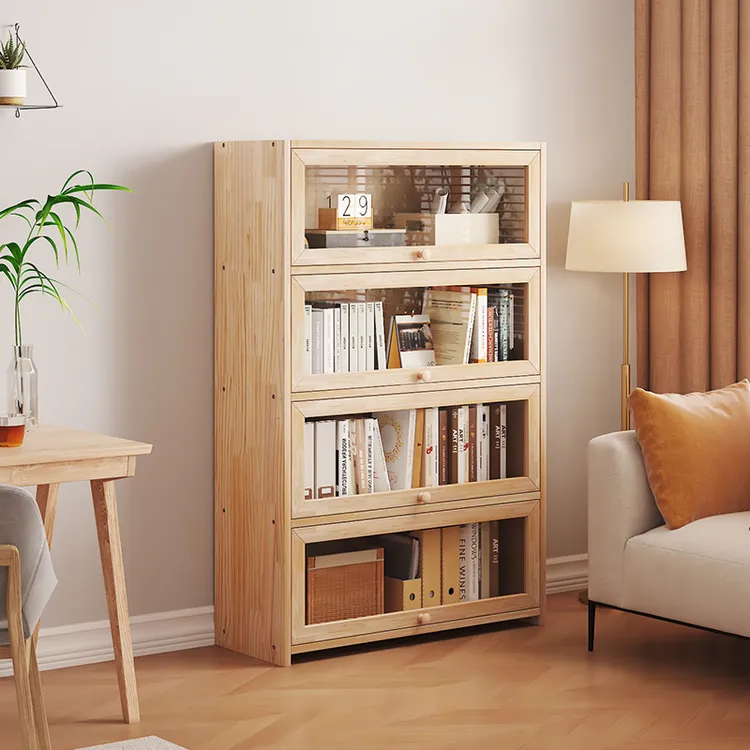 实木书架落地置物架一体靠墙书柜儿童简易收纳柜子学生家用储物柜