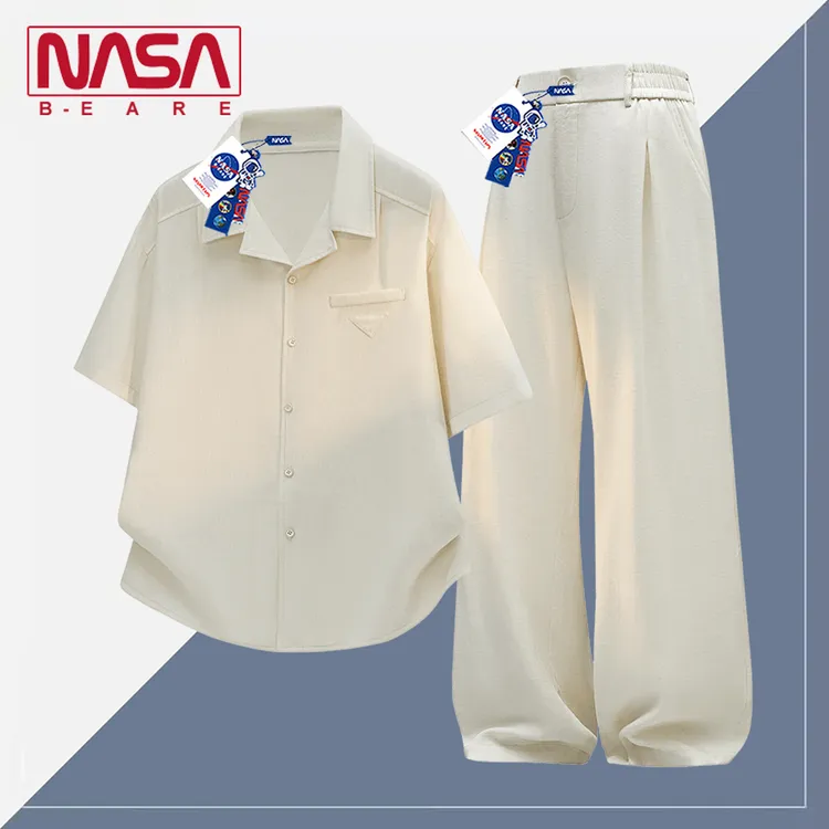 NASA联名老钱风天丝亚麻短袖衬衫休闲长裤套装男款夏季时尚两件套