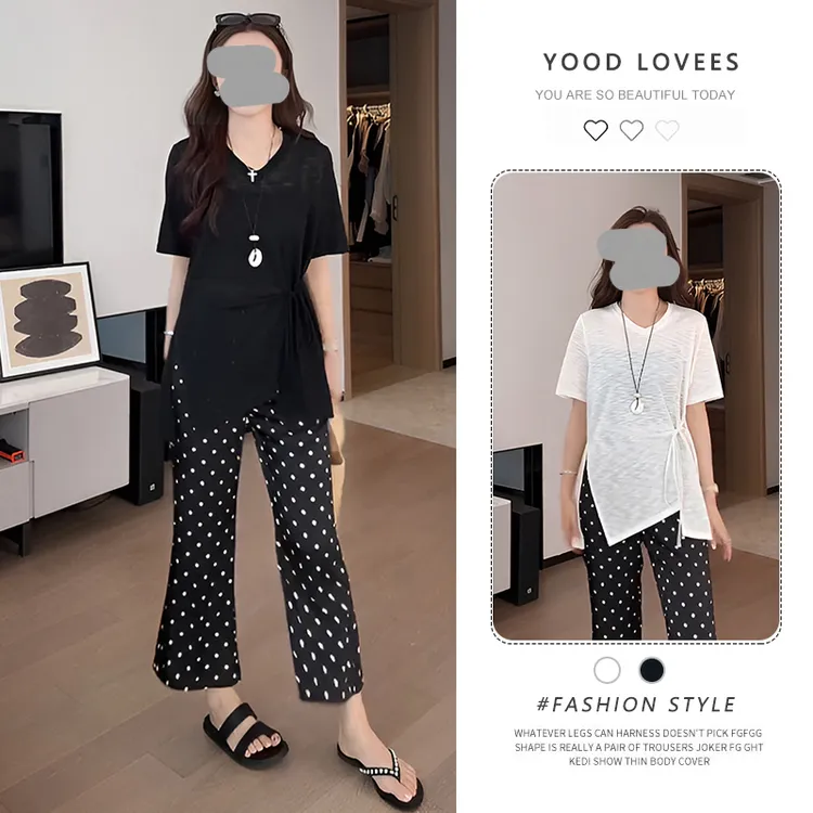 欧洲站2025夏季新款洋气百搭休闲显瘦短袖T恤高腰波点裤两件套潮
