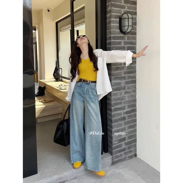 爆款2025复古牛仔裤女高腰直筒春季阔腿宽松显瘦显腿长弯刀裤子